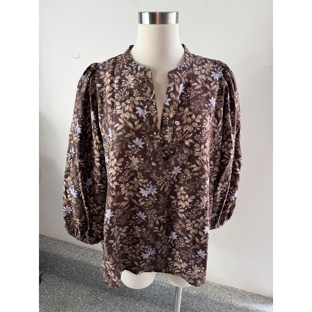 NEW Loft Womens XL Petites Brown Floral Balloon Sleeve Blouse Split Neck Top